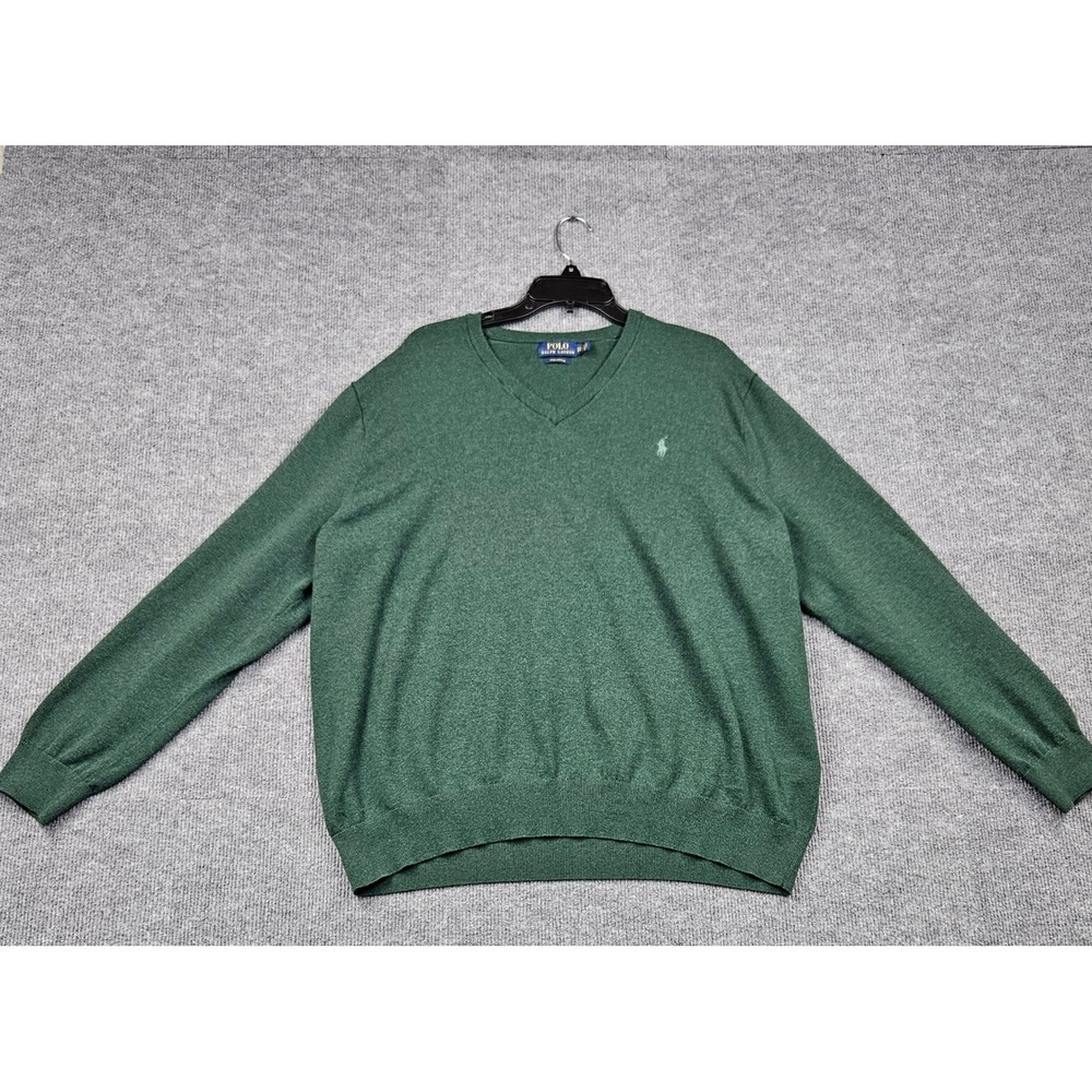 Polo Ralph Lauren Mens 3XB V-Neck Pima Cotton Sweater Green Heather Big & Tall